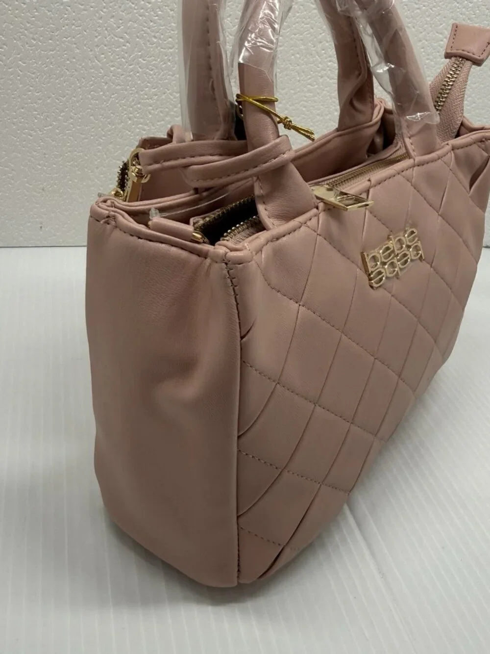 Bebe Everett Small Blush Quilted Satchel Crossbody Gold Chain Bag NWT Chic Work